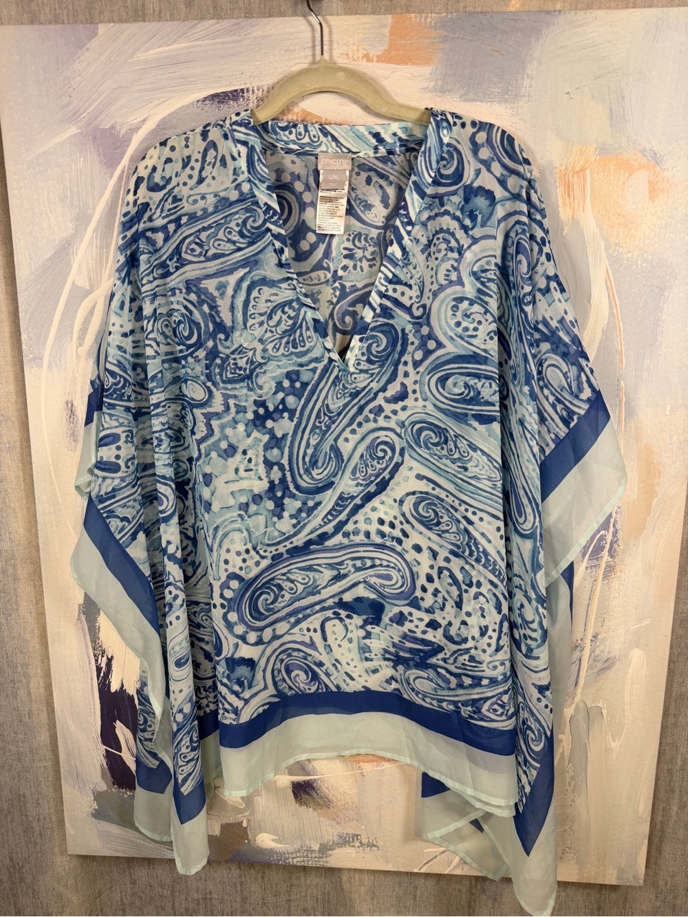 Chico’s Blue Paisley Sheer Tunic Top L/XL V Neck Flowy Boho Poncho kaftan